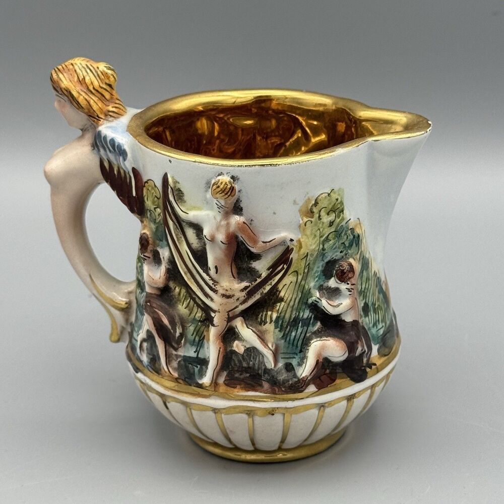 Vtg Capodimonte Creamer Pitcher 745 Embossed Cherub Italian Pottery Gold Gild 4"